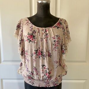 XXI Forever 21 Floral Lace Flutter Sleeve Boho Blouse L
